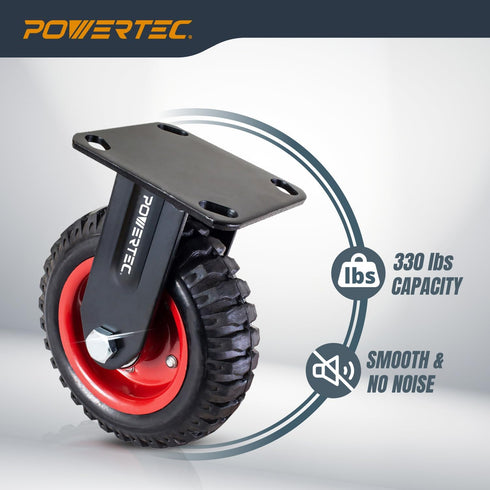 6 Inch Toolbox 1PK (17052) POWERTEC Caster Wheels, Heavy Duty Fixed Plate Casters with Rubber Knobby Tread