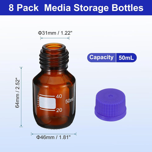 PATIKIL 8 Pack Reagent Media Storage Bottles, 50ml Borosilicate Glass Graduated Round Bottles with GL32 Blue Screw Cap for Lab Water Reagent Liquids, Brown by PATIKIL