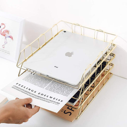 Jolitac Rose Gold 4-Tier Stackable Paper Tray - Decorative Desk Organizer for File Documents in Home & Office (Gold)