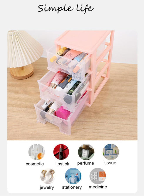 Desktop 3 Drawer Organizer - Pink Plastic Small Drawer Organizer for Office, Home, and Bathroom