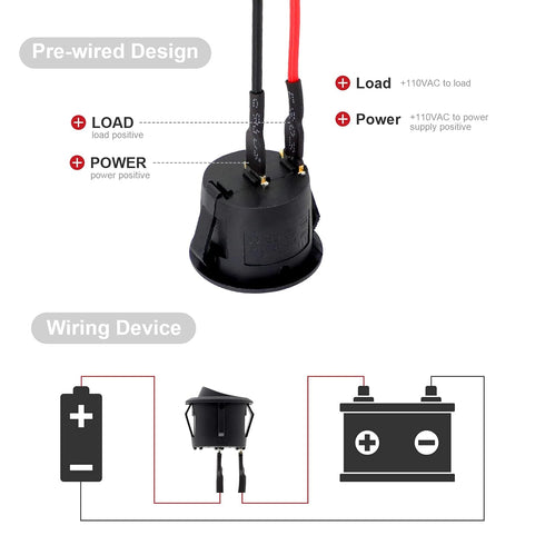 Round Rocker Switch, 6 Pcs Mini 12 Volt ON Off Toggle Switch with Pre-Wired 6A/250V, 10A/125V AC for Boat, Car