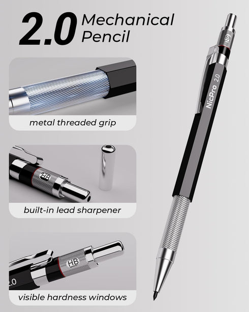 Nicpro 2mm Metal Mechanical Pencil Set with Case, 3PCS Lead Holder 2.0 mm, 144PCS Lead Refills, Eraser, Sharpener