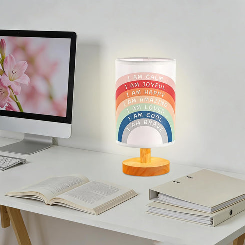 Lonfliness Boho Kids Table Lamp Rainbow Bedside Lamp Bedroom LED Night Light with Linen Wooden Nightstand Cartoon