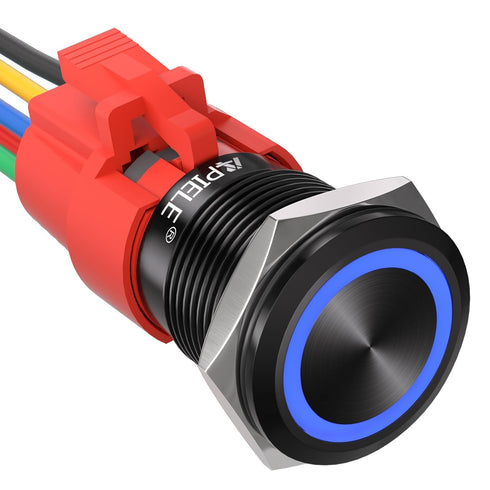 APIELE 19mm Latching Push Button Switch 12V DC with Blue LED/Black Shell, 0.74" 1NO1NC SPDT & Wire Socket Plug