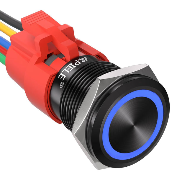 APIELE 19mm Latching Push Button Switch 12V DC with Blue LED/Black Shell, 0.74" 1NO1NC SPDT & Wire Socket Plug