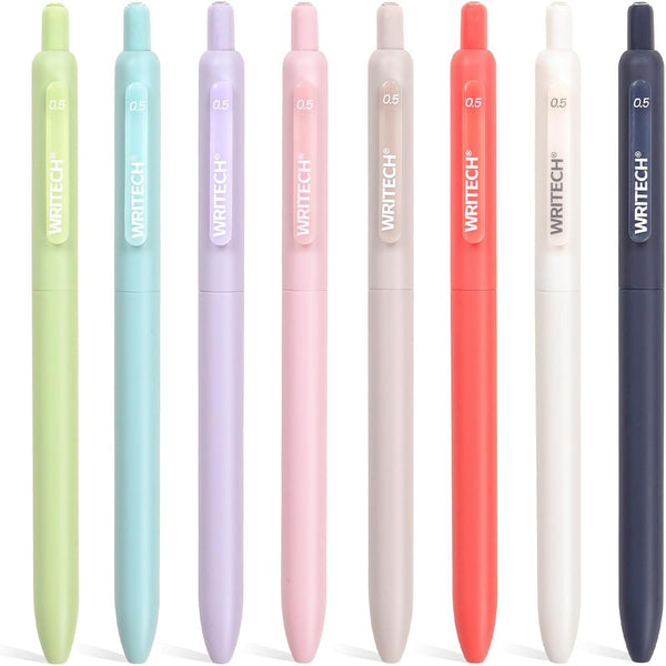 WRITECH Gel Pens 0.5mm Fine Point: Retractable Multicolor Ink 8ct, Silent Click, Extra Smooth Writing, Non Bleed