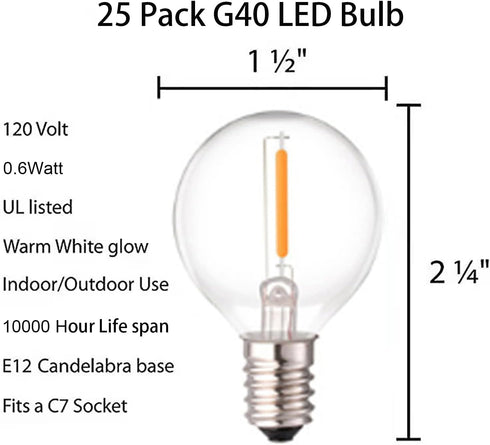 G40 Led Replacement Light Bulbs, 0.6W Shatterproof Globe Bulb, E12 Candelabra Base, 1.5 Inch Dimmable G40 Led Bulbs for Outdoor String Lights, Patio Light Decor- Warm White 25 Pack by CHYParty