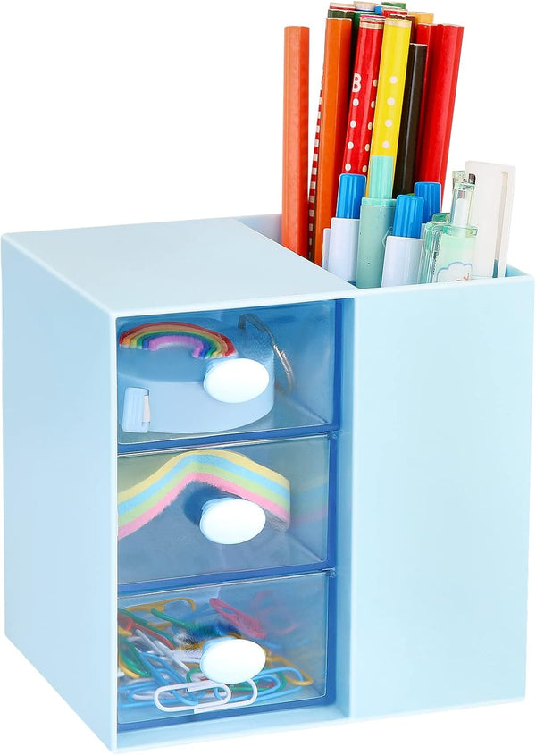 LETURE Small Desk Organizer with Drawer - Office School Storage Box for Card/Pen/Pencil/Stationery, Blue Plastic Makeup