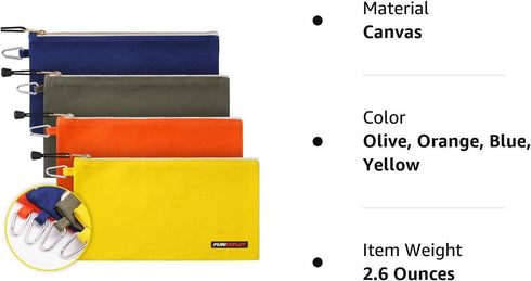 Utility Canvas Zipper Tool Bag, Heavy Duty Pouch with Carabiner, Multi-Purpose Storage Organizer, 4 Pack