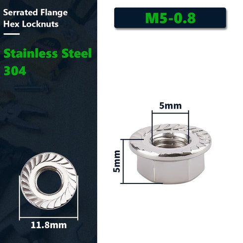 100-Pack M5-0.8mm Stainless Steel Serrated Flange Hex Nuts, SAE Flange Collar, Bright Finish, Anti-Rust Industrial