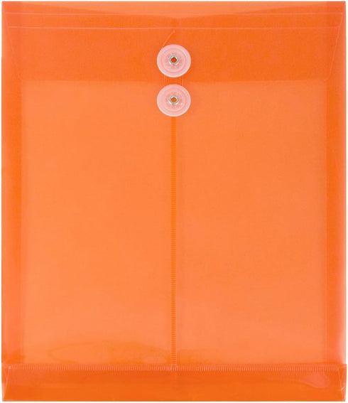 JAM PAPER Bright Orange Plastic Envelopes with Button & String Tie Closure - 12/Pack - 9 3/4 x 11 3/4