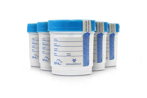 SNL Quality Sterile Specimen Cup, 3oz/90ml, Screw-on Lid with Tamper Evident Seal, Blue Cover (5 Pack)