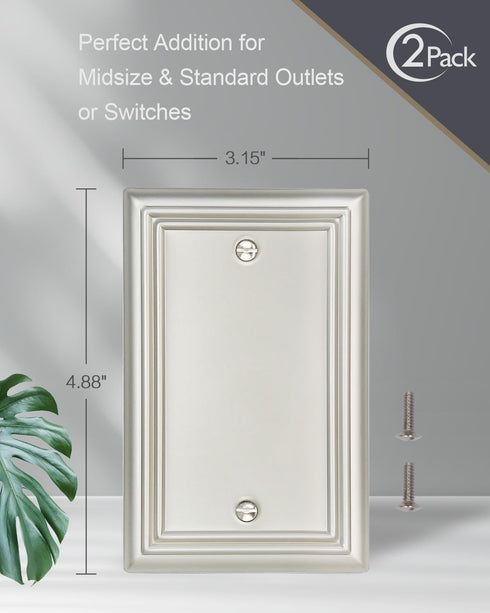 2-Pack Satin Nickel Blank Wall Plate, Durable Metal No Device Outlet Cover, Midsize 3.15''*4.88''