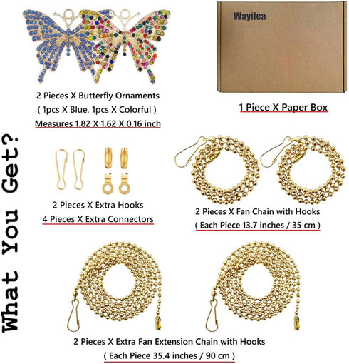 Ceiling Fan Extension Chain, Decorative Crystal Rhinestone Butterfly Ornaments Pendant, Light Lamp Chain Pull Extender