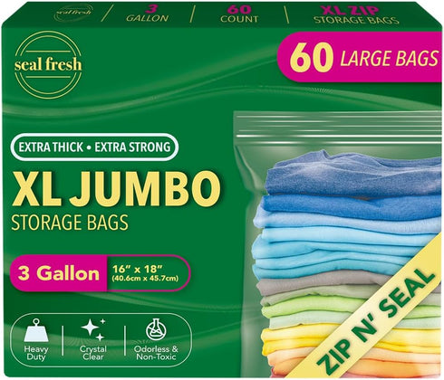 Seal Fresh 3 Gallon Large Plastic Storage Bags 16" x 18" (60