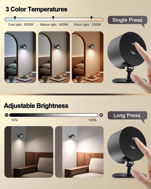 360 Dimmable, 3000mAh 3 1 Pack, LED Wall Lights Rotation Rechargeable Cordless Wall Sconces Light, Color Temps & Remote