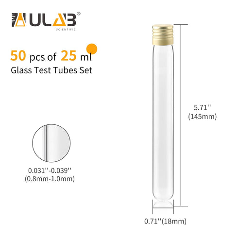 ULAB Scientific 50pcs 25ml Glass Test Tubes with Aluminum Screw Caps, Borosilicate Glass, Dia.18x145mm, Thickness 0.8-1.0mm, UTT1025