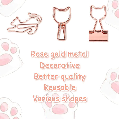 Whaline 80Pcs Cat Shaped Metal Binder Clips, Acrylic Crystal Box, 3 Design Rose Gold Cute Paper Clips for Gifts