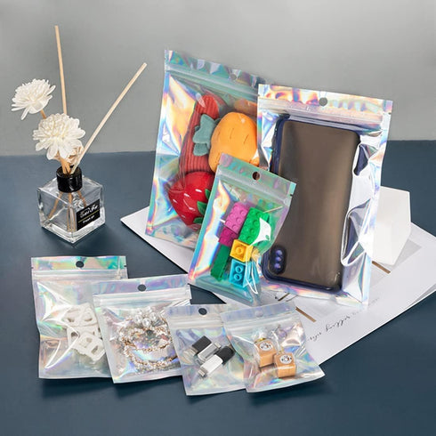 100 Pack Resealable Holographic Bags for Small Business - Iridescent Mylar Bags with Clear Front, 4 X 6 inches