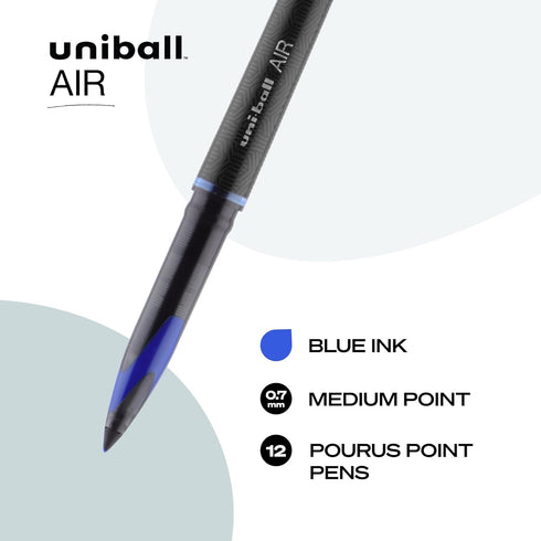 uniball Air Porous Roller Ball Pen, Medium 0.7 Mm, Blue Ink, Black Barrel, Dozen