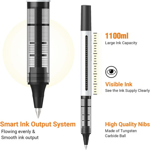 Rollerball Pen Set 16 Pack 0.5mm, Extra Fine Point Black Liquid Gel Ink for Writing, Office, School Supplies