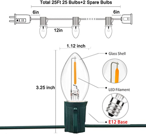 25FT C7 C7 27 Bulb, LED Christmas Lights Outdoor, Warm White Christmas String Light with LED Hanging Vintage Christmas