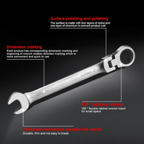 Ratchet Wrench, 19mm Combination Wrench, 180 Flex Head Ratcheting Tool, Anti-rust Wrench