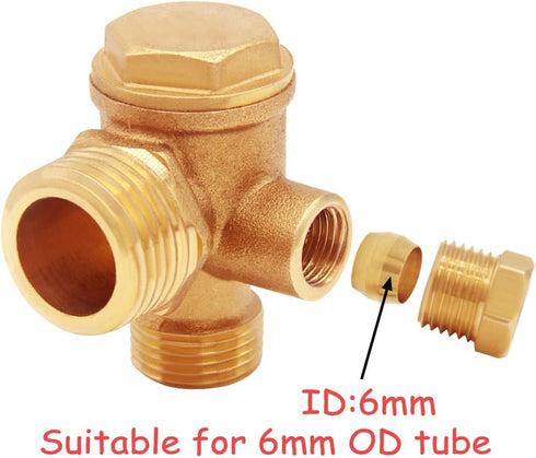 Solid Brass 3-Port Air Compressor Check Valve, M10*1 x G3/8" x G1/2" Male Female Threaded Connector