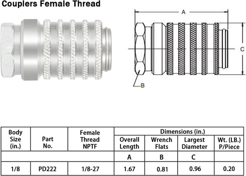 PD222 Series PD Steel Test Port and Diagnostic Equipment Quick Coupler with Female Pipe Thread, 1/8" Body Size, 1/8"-27 NPTF Thread Size, 1.67" Length by Yoursme