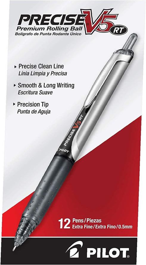 Pilot Precise V5 RT Refillable & Retractable Rolling Ball Pens, Black, Extra Fine Point (0.5 mm), Pack of 12