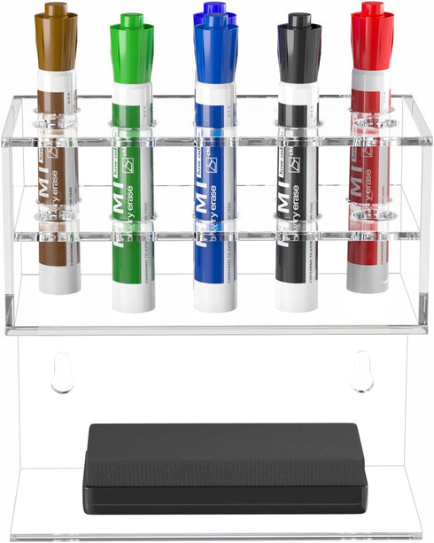 HIIMIEI Dry Erase Marker Holder for Whiteboard, Wall Mounted 2-Tier 10-Slot Clear Acrylic Organizer