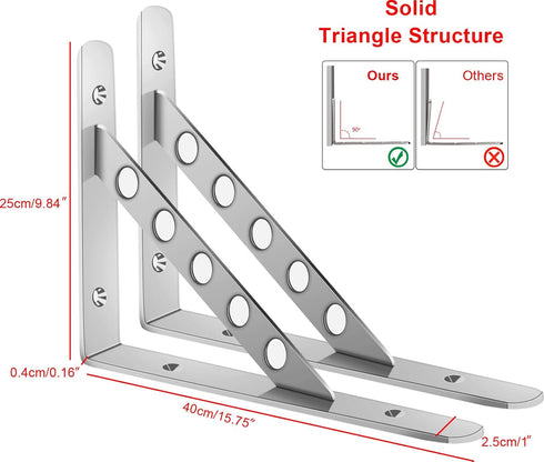 Gearmatte 10" 440 Lb Pack 2 (16") Heavy Duty Shelf Bracket, Stainless Steel L Bracket Shaped Solid Shelf Support Corner