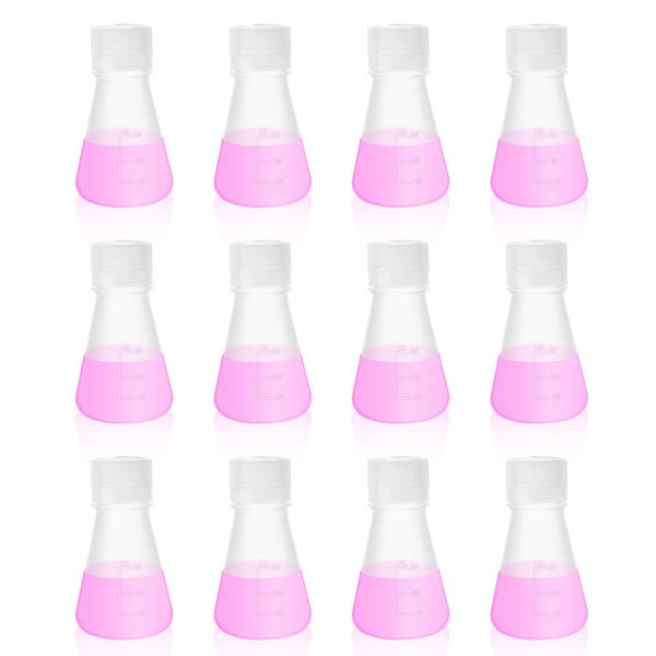 Plastic Erlenmeyer Flask Set with Screw Cap, 25ml Molded Graduations, 12 pcs