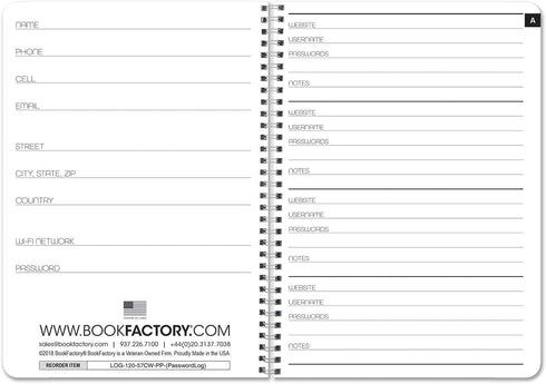 BookFactory Password Organizer Journal - 120 Pages, 5'' x 7'', Thick Translucent Cover, Wire-O Binding (Made in USA)