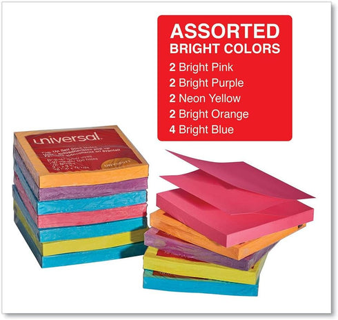 Universal UNV35611, 100 Sheet 3 in. x 3 in. Fan-Folded Self-Stick Pop-Up Note Pads, Assorted Bright Colors (12/Pack)