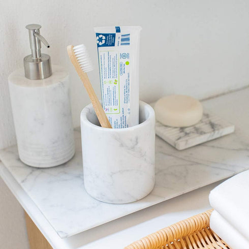 Natural Marble Pencil Pen Holder Stand for Desk, Makeup Brush Cup, Durable Office & Home Organizer, White