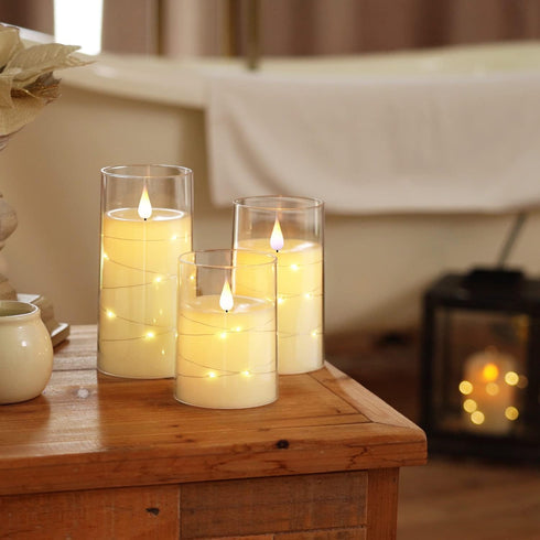 Set 3, Homemory Flickering Flameless Candles with String Lights, Battery Operated Candles, Embedded String Lights LED