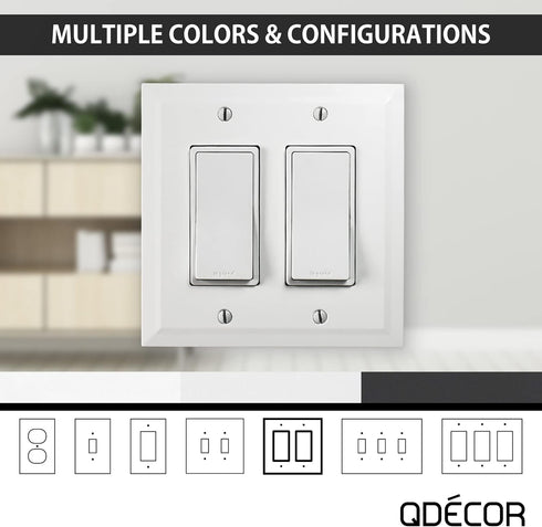 Questech Decor Double Rocker Light Switch Cover, 2-Gang Electrical Wall Plate, Decorative Bevel Edge, Bright White