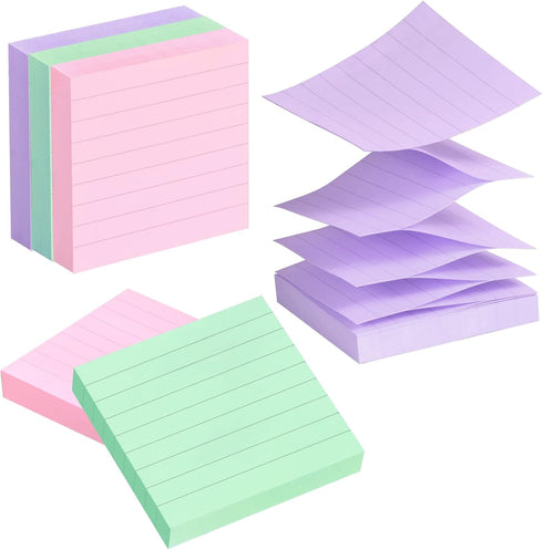 Lined Pop Up Sticky Note, 3x3 inch, 6 Pack, Accordion Style Self-Sticky Notes with Lines, 100 Sheet/Pad