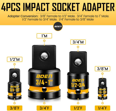 8-Piece Set, 1/4, 3/8, 1/2", 3/4", BOEN Impact Socket Adapter & Reducer Cr-Mo Steel Impact Driver & Wrench Conversion