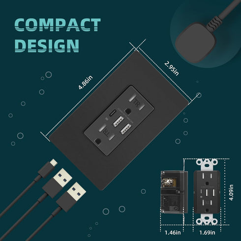 Black USB C Wall Outlet, 30W 6.0Amp High Charging Outlet with 3 USB Ports, 15A Tamper-Resistant Receptacle