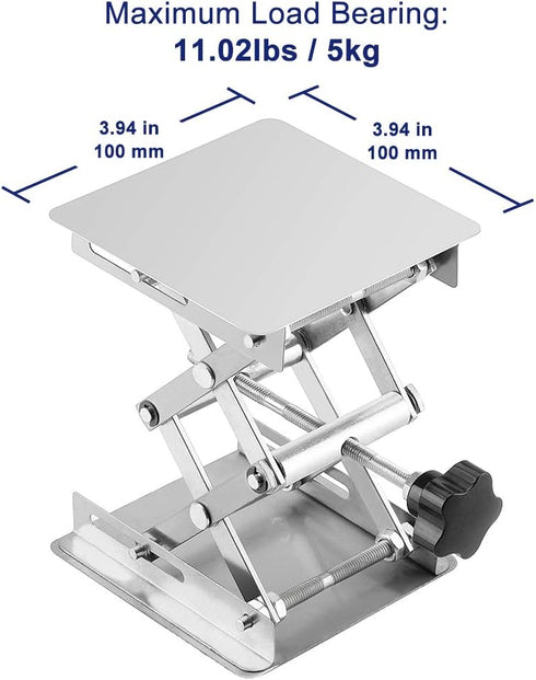 4 x 4 inch Lab Scissors Jack, 100 x 100 mm Stainless Steel Laboratory Support Jack Platform Lab Lift Stand Table, Expandable Lift Height Range from 45 mm to 158 mm, Support Weight 5KG