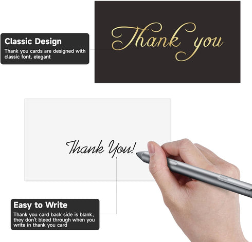 HUKXDGXY 100 Count, 3.5 2 Inch, Gold Foil Thank You Cards, Elegant Black Notes, x Writeable, Perfect for Small Business