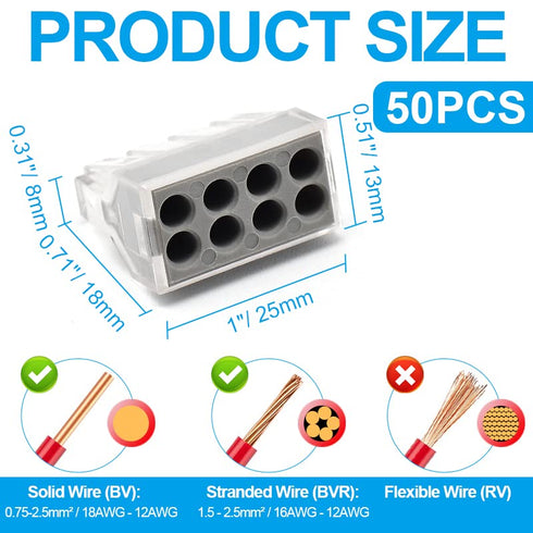 50pcs 8 Port Push-in Electrical Wire Connector, Compact Terminal for 18-12 AWG Solid Stranded Wires