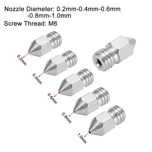 uxcell 5pcs 3D Printer Nozzle Stainless Steel MK8 Nozzle M6 for 1.75mm 3D Printer (0.2mm, 0.4mm, 0.6mm, 0.8mm, 1mm)