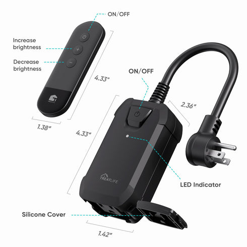 TREATLIFE Dimmer Plug with 100FT Wireless Remote Control, IP44 Weather Resistance, Outdoor Dimmer for Lights, Max Power