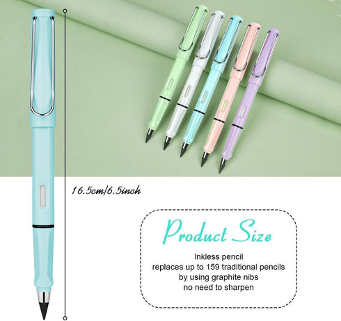 Inkless Pencil with Eraser, 5 Sets Infinity Pencil Everlasting Pencil, Reusable Infinite Pencil with Extra 5 Eraser & 5 Replaceable Nibs, Endless Pencil for Home Office School Writing Drawing by Ainiv
