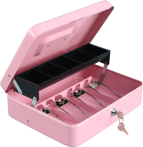 Design,4 5 Slots,11.8" 9.5" 3.5",Pink xydled Cash Box with Money Tray and Key Lock,Tiered, Cantilever Bill / Coin x x