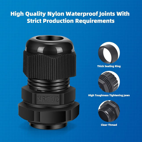 Cable Gland 12 Pack, 1/2" NPT Waterproof Adjustable Connector Strain Relief Cord Connectors with Gaskets