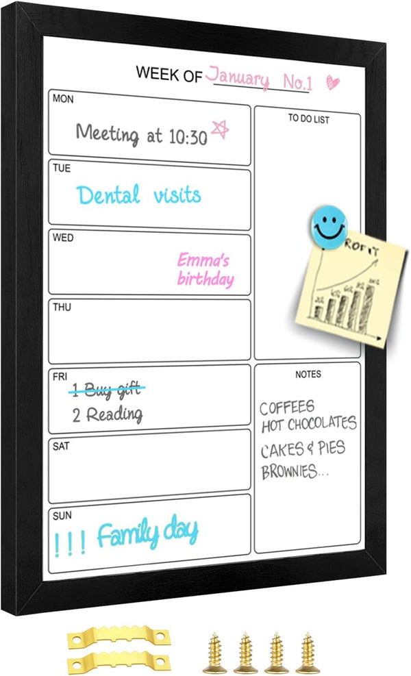 Weekly Dry Erase Whiteboard Calendar 15.7"x11.8", Magnetic Surface Memo Board for Wall, Black Wood Frame